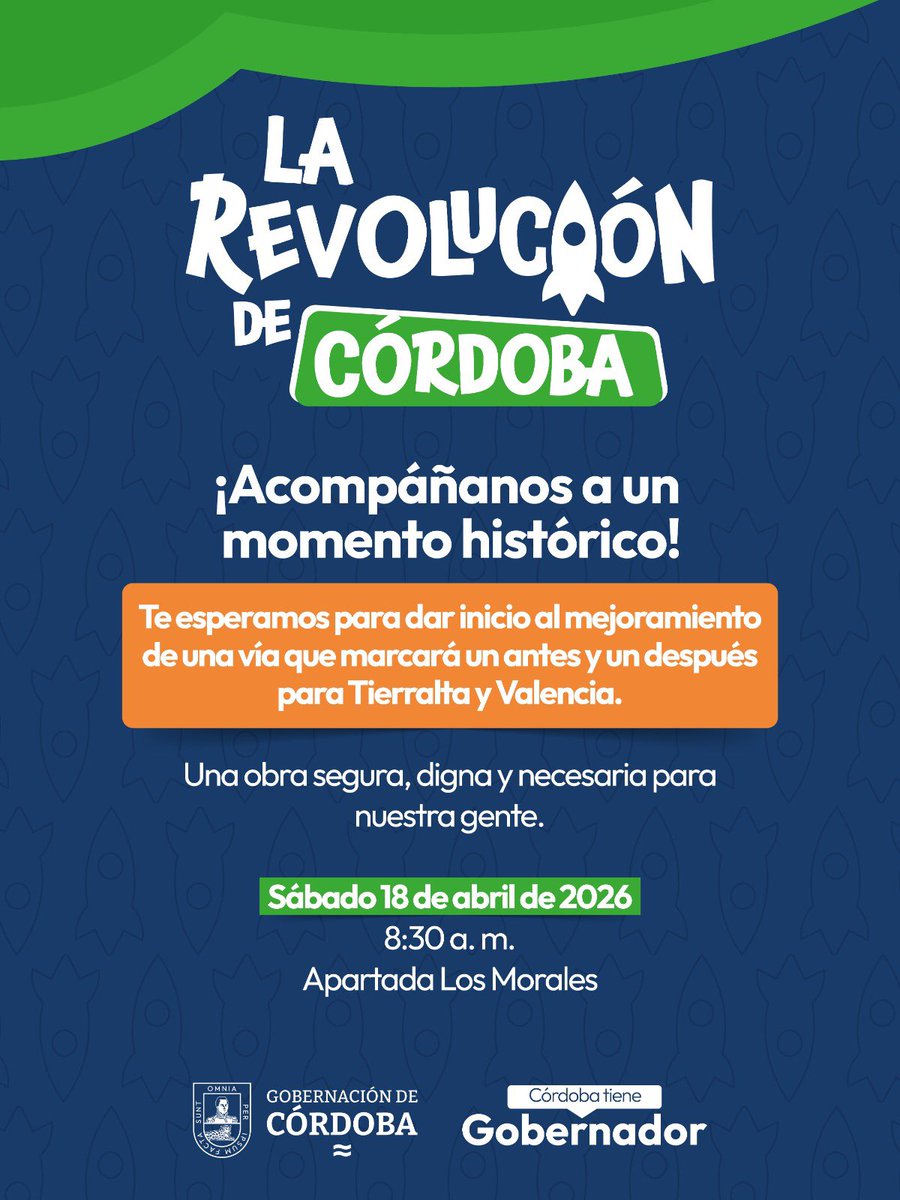 🚀 La revolución de Córdoba no se detiene

¡Acompáñanos a un momento histórico! Este sábado daremos inicio al mejoramiento de la vía que marcará un antes y un después para Tierralta y Valencia.

📅 Sábado 18 de abril de 2026
🕟 8:30 a.m.
📍 Apartada Los Morales