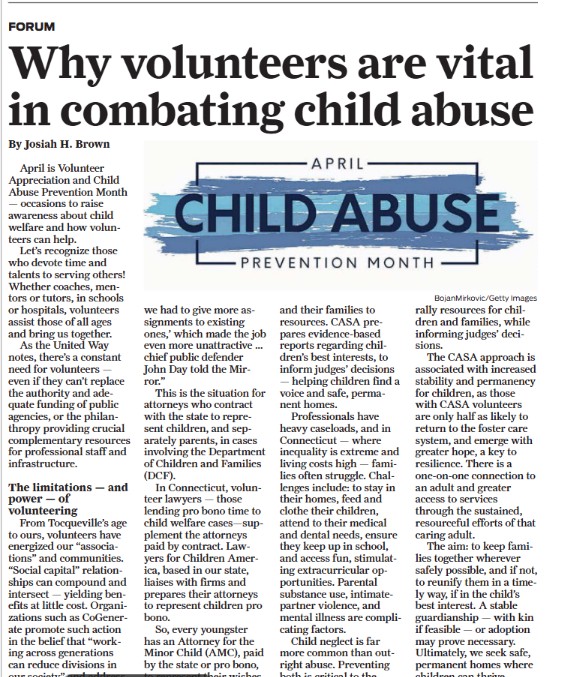 ConnCASA's tweet image. For April--#VolunteerMonth &amp;amp; #ChildAbusePrevention month--@JosiahBrownCT wrote this piece recognizing volunteers with the #CASA movement for #children, among other worthy causes.
cc: @NationalCASAGAL #NewHaven #CT
#Volunteer to #ChangeAChildsStory
Article:
nhregister.com/opinion/articl…