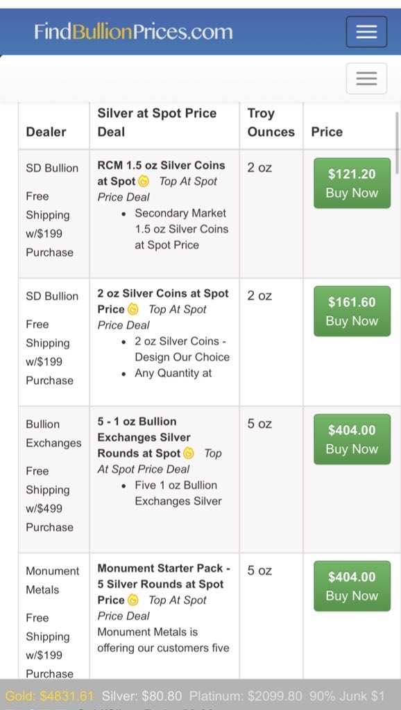 FindBullion's tweet photo. New silver at spot offers from @BullionEx @sdbullion @monumentmetals https://t.co/Pe5mmPGCRL
