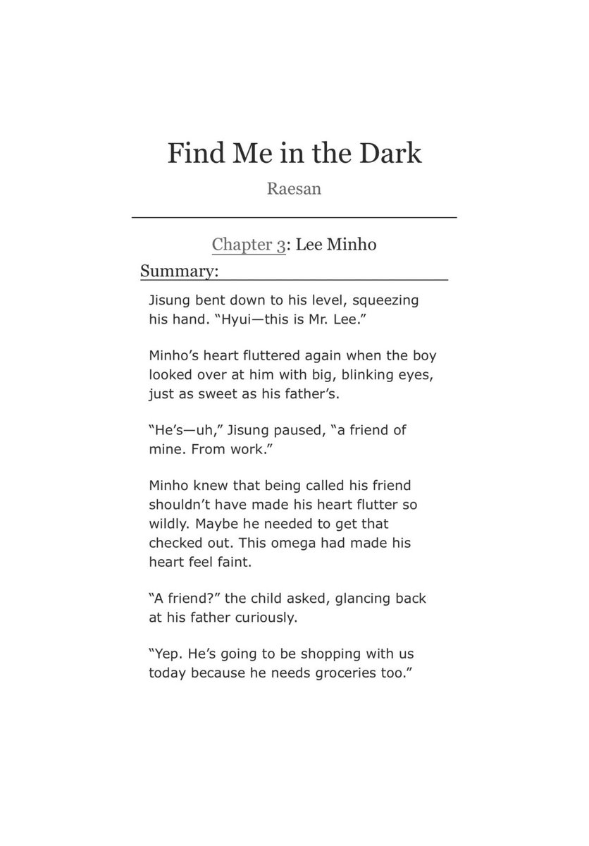 quokkasvictim's tweet photo. ♡ Find Me in the Dark

♡ mnsvng, omegaverse 
♡ age gap, kidfic 
♡ chapter three, 11k, rated E
♡ check tags 

♡ link below! https://t.co/NC1n2CDs77