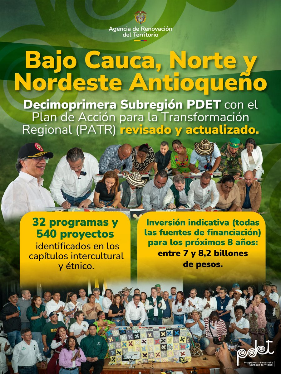 RenovacionCo's tweet photo. El presidente @petrogustavo LE CUMPLE a los #PDET. Bajo Cauca, Norte y Nordeste Antioqueño, la decimoprimera Subregión con su Plan de Acción para la Transformación Regional (PATR) REVISADO Y ACTUALIZADO. 
Hoy, con la firma del acta de compromisos en Amalfi (Antioquia) finalizó el proceso de revisión y actualización del Plan de Acción para la Transformación Regional (PATR) de la Subregión #PDET Bajo Cauca, Norte y Nordeste Antioqueño. 
El acta fue suscrita por la @GobAntioquia representada por Eugenio Prieto, Director de Planeación y las alcaldías de los 13 municipios #PDET, el Director de la ART @Rauldelgado58 en nombre del Gobierno Nacional, lo mismo que por los liderazgos étnicos del Mecanismo Especial de Consulta (MEC) y de las Mesas Comunitarias integradas por los grupos motor,  organizaciones  campesinas, asociaciones productivas,  jóvenes, mujeres, población  LGTBQ+, victimas del conflicto, firmantes de paz, ambientalistas y veedurías ciudadanas de esta Subregión.
@petrogustavo @Rauldelgado58.