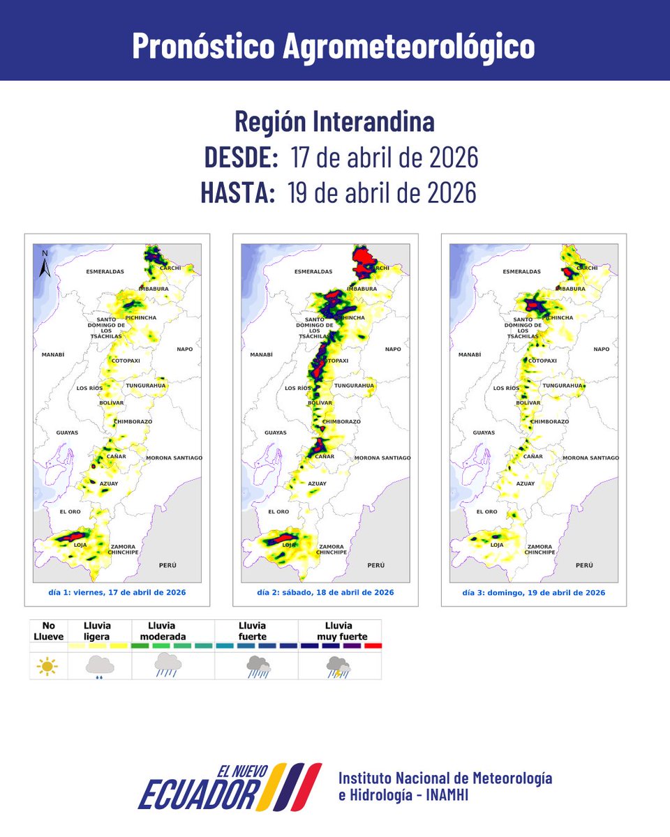inamhi_ec's tweet photo. Compartimos el pronóstico agro meteorológico para los agricultores del país, correspondiente al período del 17 al 19 de abril de 2026. Niveles de lluvias  representados por colores en el mapa. Se recomienda seguir las indicaciones para mitigar posibles impactos. https://t.co/62SCTaTG8z
