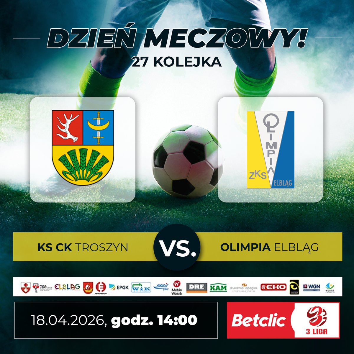 ZKSOlimpia's tweet photo. ᴅᴢɪꜱɪᴀᴊ ɢʀᴀᴍʏ! 🟡⚪🔵
🏆 Betclic 3 Liga gr. 1
⚔️ KS CK Troszyn
⏰ 14:00
🏟 #Słowackiego1
🔜 #TROOLE
🖥️Transmisja meczu na platformie YouTube na kanale RCS Livestream👇
https://t.co/fix8bLgMr9
📢 Olimpia, dziś tylko zwycięstwo!🔥
#Elblag #elblagwformie #MiastoElblag https://t.co/kj6ZFA0RYM