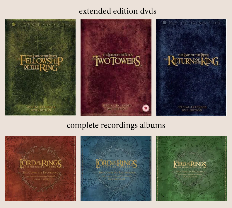 I've had to get something off my chest for years:

WHY GOD WHY are the colors for the complete recordings lotr film score albums...

1. FotR – Red
2. TT – Blue
3. RotK – Green

when OGs know the extended edition DVD sets were

1. FotR – GREEN
2. TT – RED
3. Rotk – BLUE

?!?!?!?!