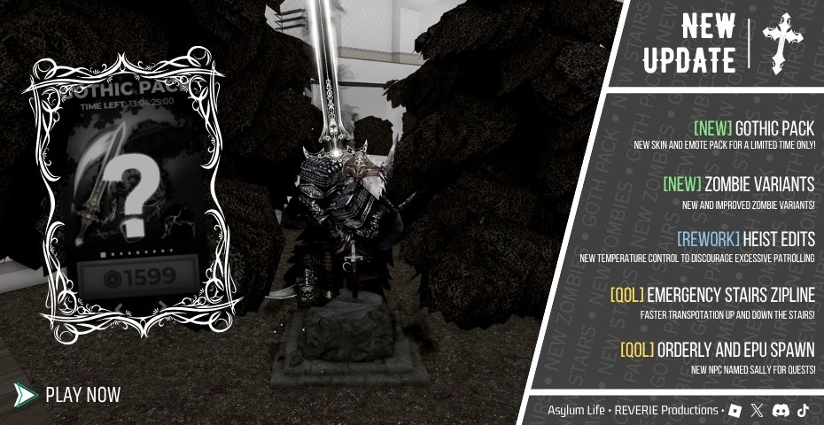AsylumLifeRBLX's tweet photo. GOTHIC PACK, NEW ZOMBIES, HEIST EDITS, AND MORE!

Newest update out NOW in Asylum Life!

Use code "HEIST2" for a free 3x EXP booster!

PLAY: https://t.co/0eJCvEpkOk https://t.co/lNH9J05SgI