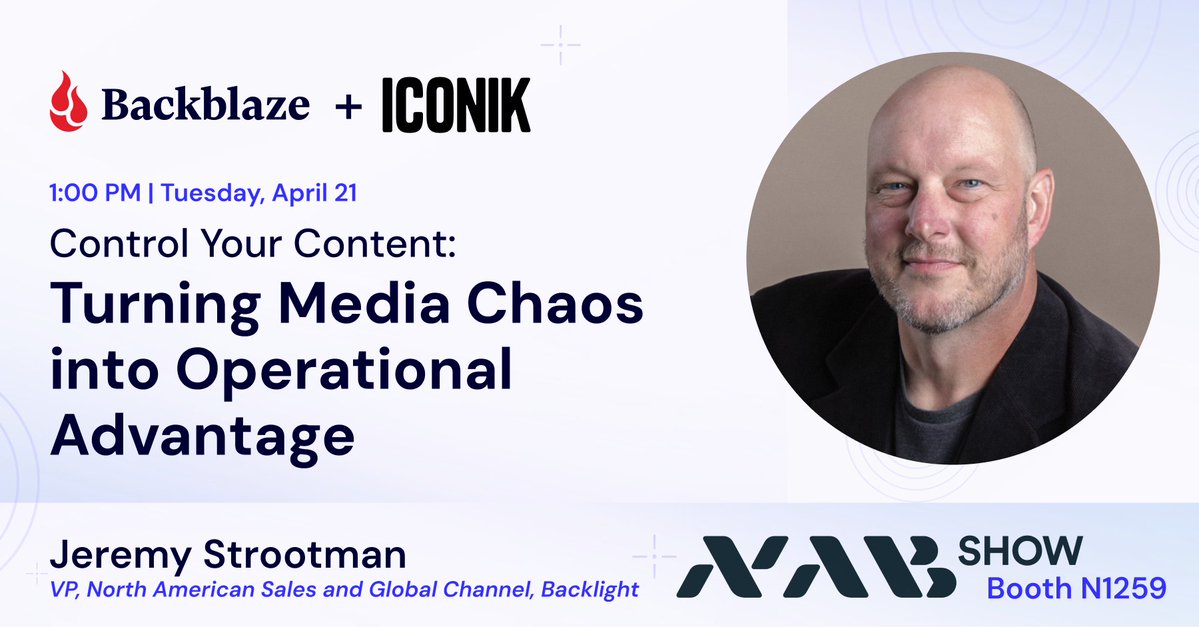 backblaze's tweet image. Join Jeremy Strootman at #NABShow to see how pairing Iconik with Backblaze B2 turns media chaos into an operational advantage. Learn to make massive libraries instantly searchable directly from #CloudStorage.

📍 Booth N1259 🕙 Tuesday, April 21 @ 1:00 PM