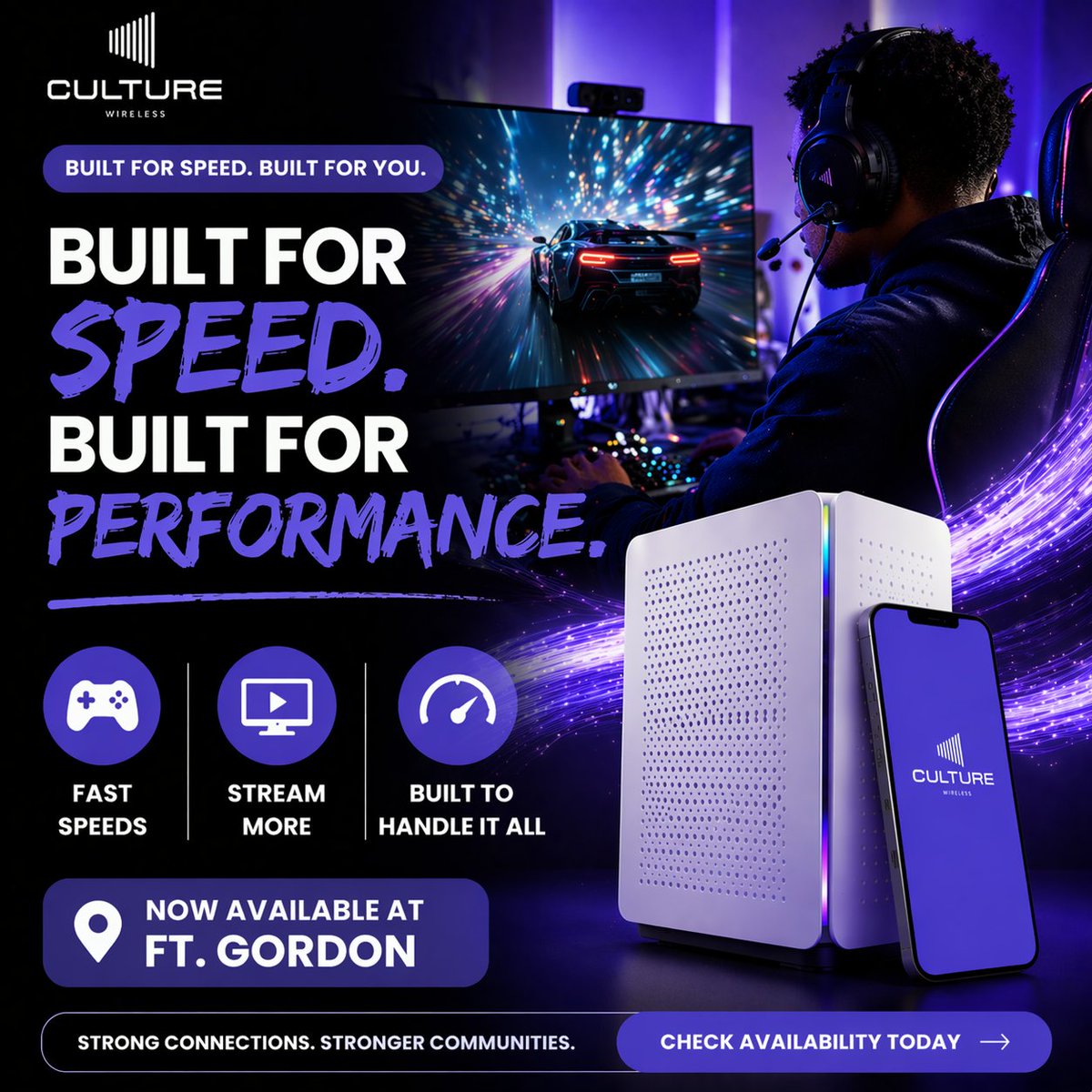 CultureWireless's tweet photo. Built for speed. Built for performance.
Whether you’re gaming, streaming, or working — stay connected without interruption.
Now available at Ft. Gordon.

#CultureWireless #CultureConnects #FortGordon #FastInternet https://t.co/jMuSsQiM8b