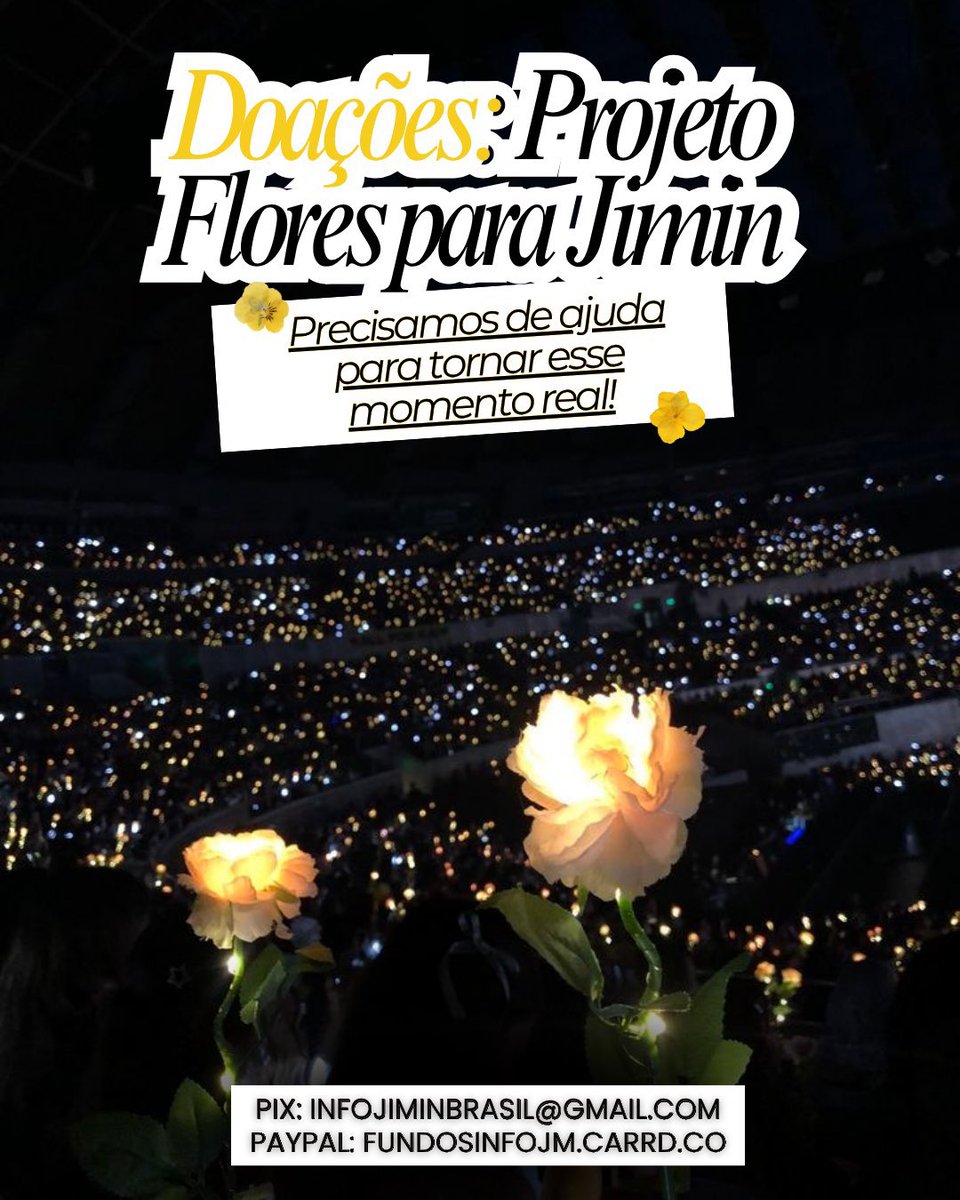 UpdateParkJimin's tweet photo. SUA DOAÇÃO FAZ O PROJETO GANHAR VIDA! 

O projeto Flores para Jimin começa agora a ganhar forma de verdade. Temos uma equipe com mais de 50 pessoas prontas para produzir cada flor manualmente, e para iniciar essa etapa, precisamos arrecadar R$3.500, valor destinado aos materiais de confecção que darão vida a 15 mil flores.

Esse sonho coletivo também depende das doações: quanto mais flores produzirmos, maior será o jardim do Brasil. Cada contribuição IMPORTA! Se você acredita nesse momento com a gente, contribua como se fosse a sua própria flor. 🌼

PIX: infojiminbrasil@gmail.com