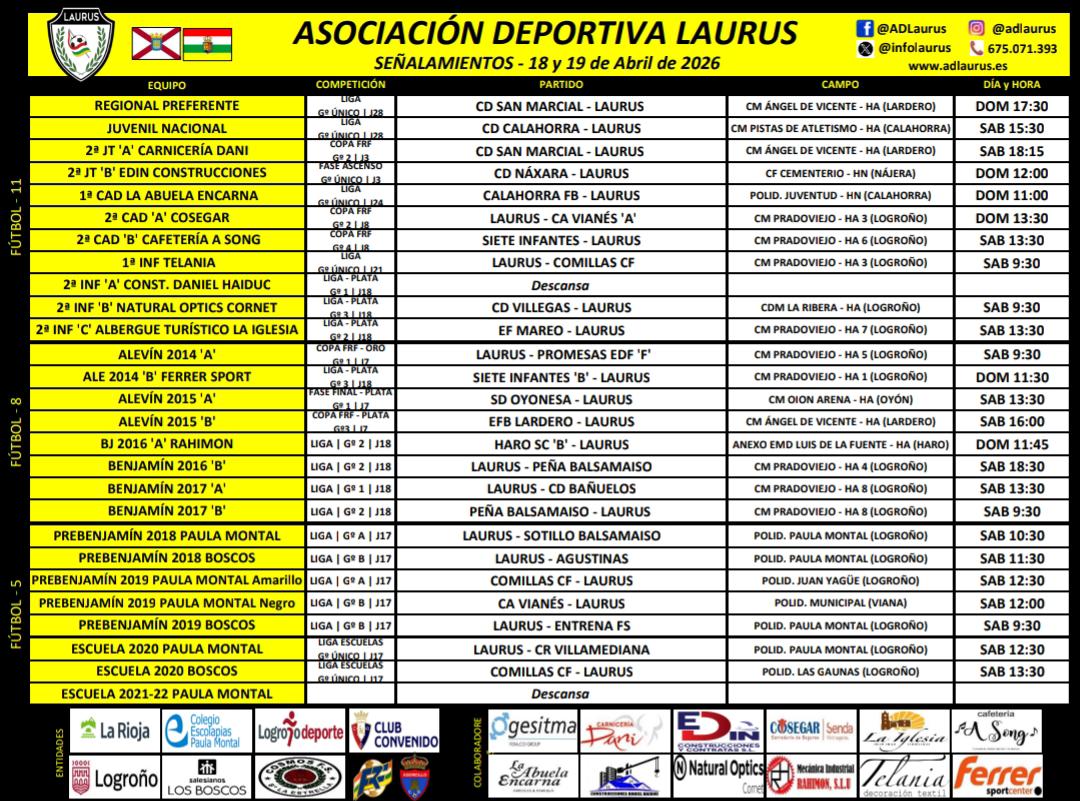 infolaurus's tweet photo. AGENDA LAURUS 
18-19 Abril

Éstos son los horarios de nuestros equipos para éste fin de semana.

¡Mucha suerte 🍀 a todos!

¡VAMOS LAURUS!

💛🖤💛🖤

#SomosLaurus🐝
#SomosCantera🐝 https://t.co/7DncZeCZez