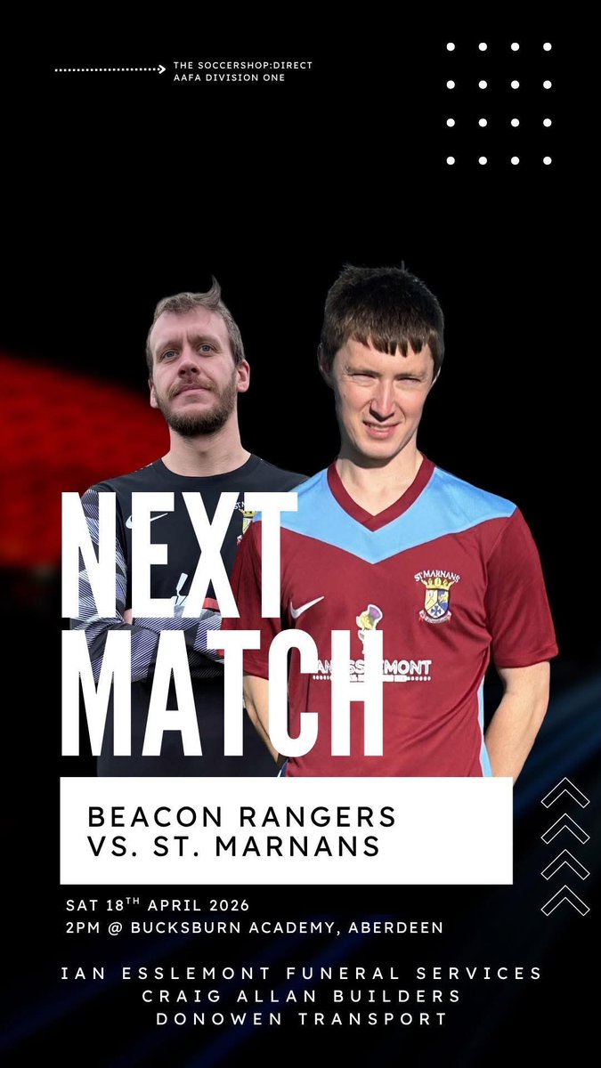 StMarnansFC's tweet photo. Next match:

🗓️ Saturday 18th April
🕑 2pm
📍 Bucksburn Academy, Aberdeen
🏆 AAFA Division 1
👤 vs. Beacon Rangers

🤝 Ian Esslemont Funeral Services
🤝 Craig Allan Builders
🤝 Donowen Transport

Mon the Saints!! 🖤💛 https://t.co/AnZsUiomE6