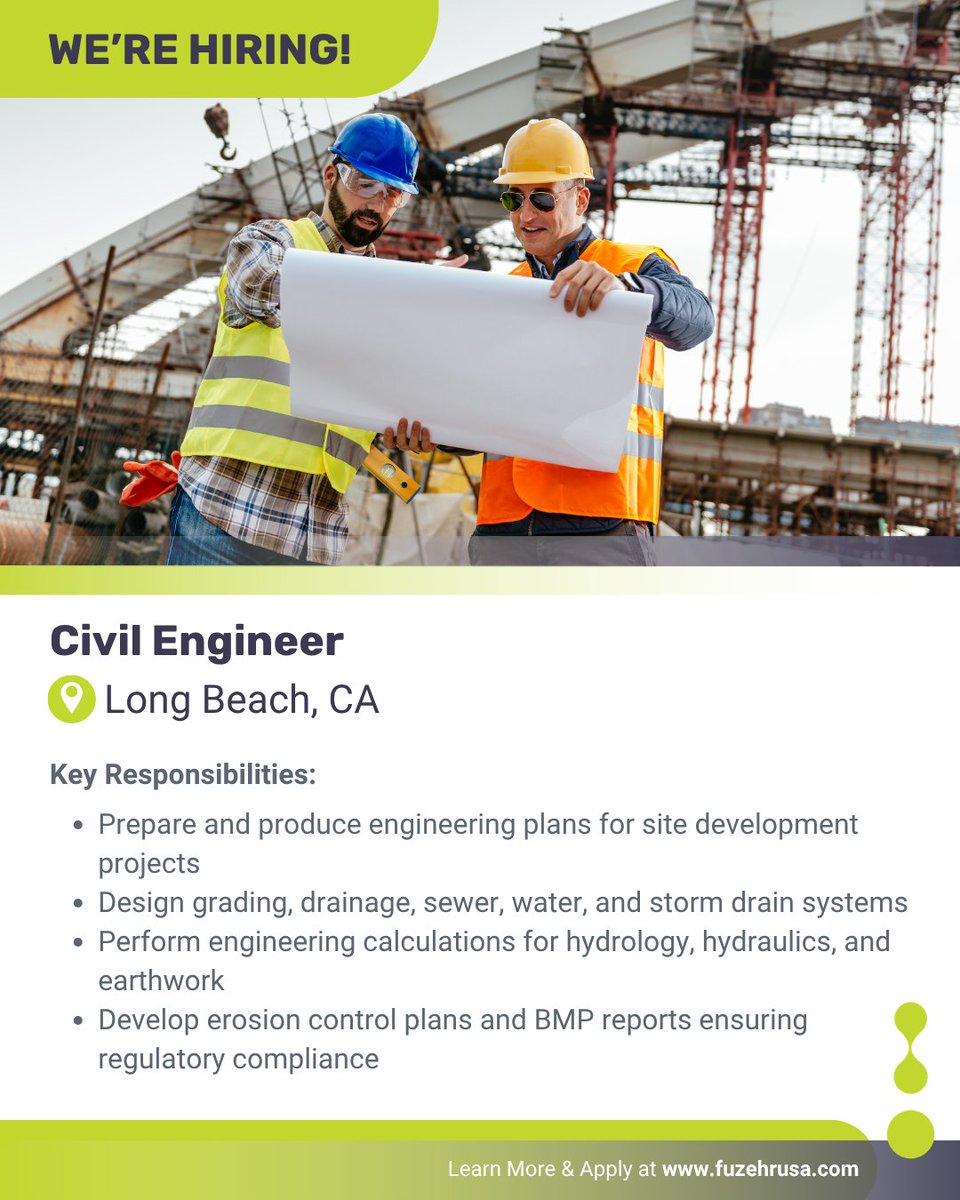 FuzehrUSA's tweet image. Fuze HR is recruiting! Senior Civil Engineer – Long Beach, CA 

📧 Apply today: ow.ly/TLl950YFPXZ

#CivilEngineering #SiteDevelopment #LongBeachJobs #FuzeHR #EngineeringCareers #Longbeach #California