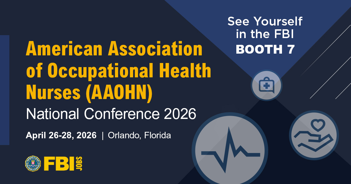 FBIJobs's tweet image. The #FBI will be at the American Association of Occupational Health Nurses National Conference in #Orlando, FL from April 26–28. Connect with the team to learn more about the upcoming occupational #health #nurse position. See yourself in the FBI. #FBIJobs fbijobs.gov/stem/science-m…