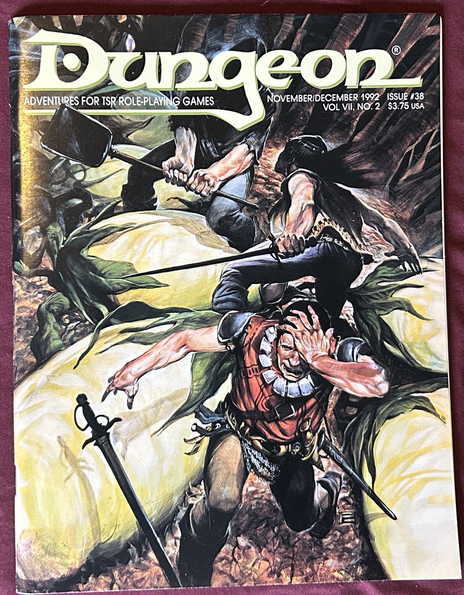 tiny_warfare's tweet image. The Dungeon Magazine posts were on a bit of a hiatus, but let's give it another go. 
Dungeon Magazine #38. These adventurers look like they’re having a rough time in Peter Clarke’s cover for Horror’s Harvest for the Ravenloft setting.

#TTRPG #ADnD #DnD