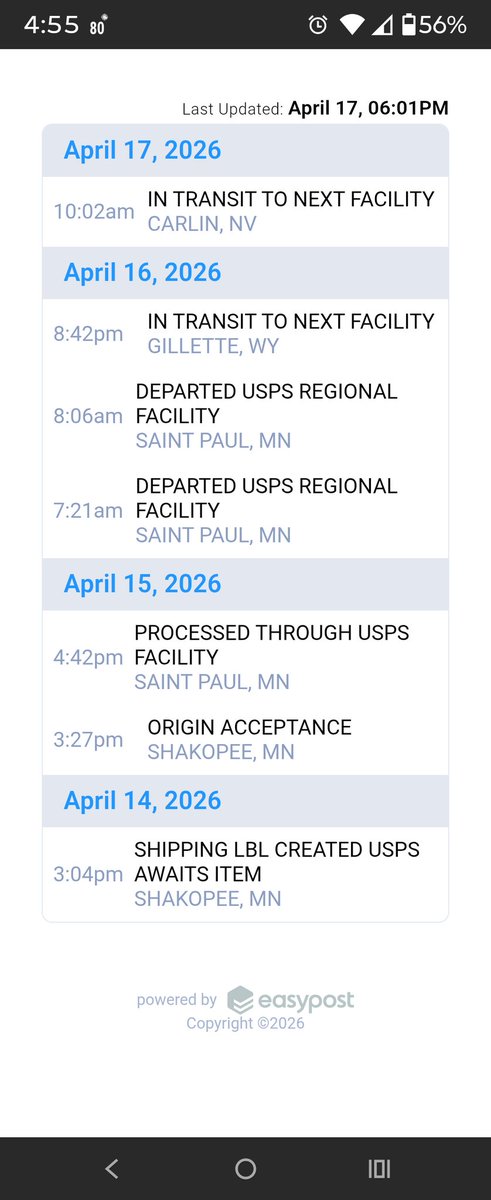 EricL1968's tweet photo. @USPS if you are in financial trouble, why do you send a package from MN to WY and then NV when neither state is on the way to IL? 🤦🙄 #directionallychallenged https://t.co/17NrnXJchj