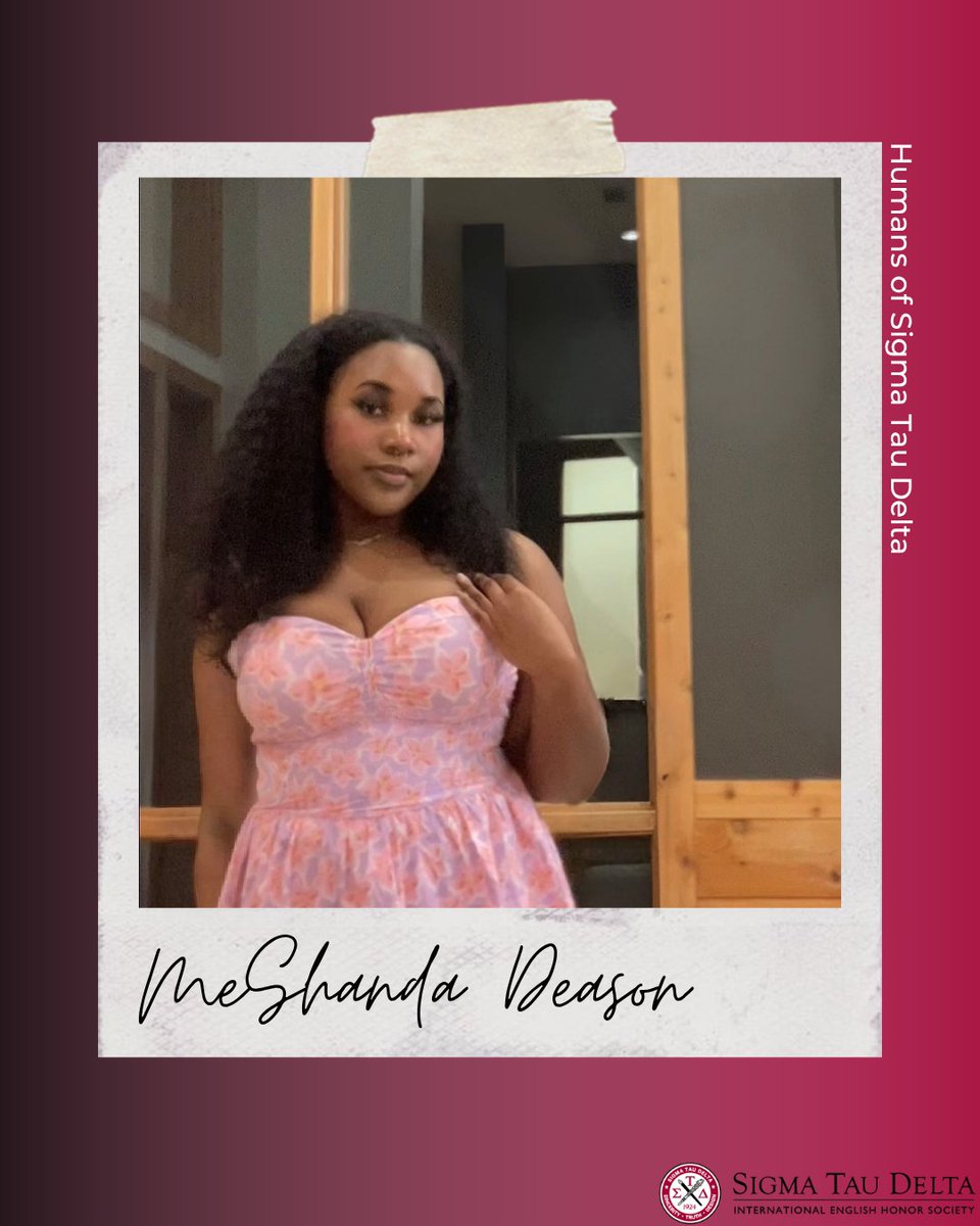 EnglishCon's tweet image. Visit the Humans of Sigma Tau Delta Facebook page to learn about this week's featured member:
MeShanda Deason
Phi Iota Chapter
Stephen F. Austin State University, TX
bit.ly/3wp1Rnd 
#EnglishHonorSociety #HumansOfSigmaTauDelta #FeatureFriday