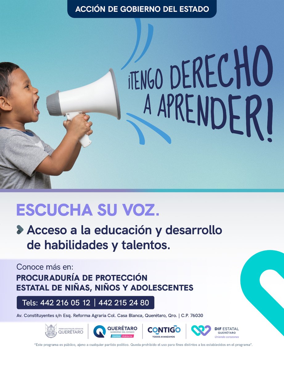 gobqro's tweet image. En #Querétaro escuchamos la voz de niñas y niños… ¡para defender sus derechos! 👧👦

Las infancias tienen derecho al acceso a la #educación y desarrollo de habilidades y talentos.

Conoce más en: Procuraduría de Protección Estatal de niñas, niños y adolescentes. 📞
442 216 0512