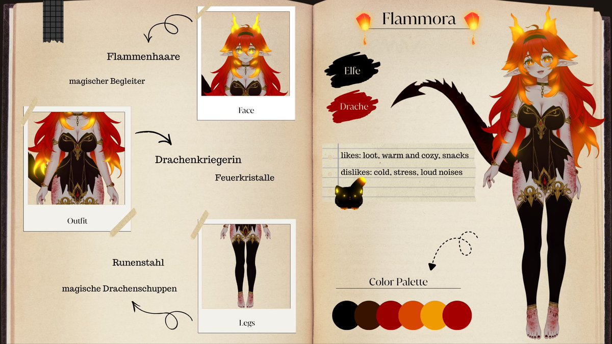 flammoravt's tweet image. Habe mir selber ein Ref Sheet erstellt für mein neues WoW Outfit und finde es so schön 🥹 Musste es hier einfach mit euch teilen! 🐉✨

#wow #vtuber #outfit #refsheet