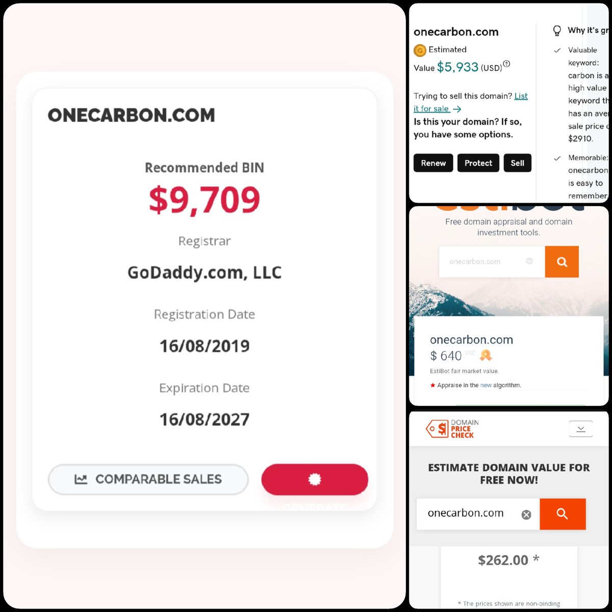 🌐 ONECARBON .com

💰 Sold Price : $7,500

✔ @DNRater Recommended BIN : $9,709
✔ Godaddy Estimation : $5,933
✔ Estibot Valuation : $640
✔ InternetX Appraisal : $262

📌 Venue : <a href="/afternic/">Afternic</a> 
📆 2026-04-16