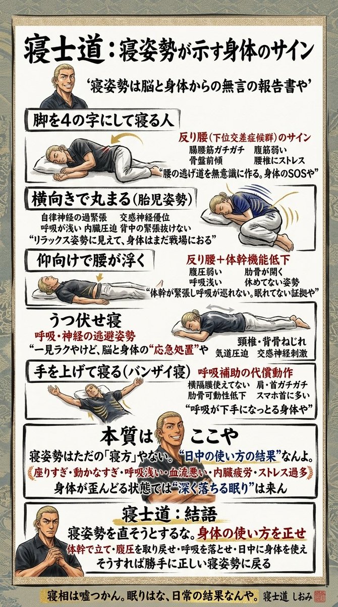GoodSleepPeople's tweet photo. ええ視点や。
でもな…ここで、「横向きで丸まって寝る」だけで終わらせたらもったいない。

寝姿勢はクセやない。
“脳と身体からの無言の報告書”
なんや。

■ 寝姿勢が示す身体のサイン

人はな、
「一番ラクに壊れにくい形」
で眠ろうとするんや。

つまり寝相は
“見えない限界を軽くする”
に最適化された姿勢なんや。

■ 脚を4の字にして寝る人

反り腰（下位交差症候群）のサイン

・腸腰筋（前もも）ガチガチ
・腹筋が弱い
・骨盤前傾
・腰椎に圧ストレス集中

無意識に股関節を開いて
“腰の逃げ道”を作っとる状態や。

これはもう、身体が
「このままやと壊れるぞ」って言うとる。

■ 横向きで丸まる（胎児姿勢）

自律神経の過緊張

・交感神経優位（戦闘モード）
・呼吸が浅い
・内臓圧迫
・背中の緊張抜けない

本来はリラックス姿勢やけど、
過剰に丸まる人は
“守りに入った身体”や。
脳がまだ戦場におる。

■ 仰向けで腰が浮く

反り腰＋体幹機能低下

・腹圧弱い
・肋骨が開く
・呼吸浅い
・腰椎の反り固定

これ、寝とるようで
体幹が緊張し呼吸が巡れない。
実は“休めてない姿勢”なんよ。

■ うつ伏せ寝

呼吸・神経の逃避姿勢

・頸椎・背骨ねじれ
・気道圧迫
・浅呼吸
・交感神経刺激

一見ラクやけど、
脳と身体にとっては“応急処置”や。
長期的には削られる。

頚椎・背骨のねじれは日常生活にも影を落とすんやで。

■ 手を上げて寝る（バンザイ寝）

呼吸補助の代償動作

・横隔膜が使えてない
・肋骨可動性低下
・肩・首ガチガチ

つまりな、
“呼吸が下手になっとる身体”や。

現代病になりつつある、
ストレートネック（スマホ首）
の人達に多く見られる寝姿勢や。

■ 本質はここや

寝姿勢は
ただの「寝方」やない。

“日中の使い方の結果”なんよ。

・座りすぎ
・動かなすぎ
・呼吸浅い
・血流悪い
・内臓疲労
・ストレス過多

これら全部が
夜に“姿勢”として出てくる。
因果なんや。

■ 科学で見ても同じ結論や

・筋緊張は自律神経と連動
・呼吸の浅さは睡眠の質を下げる
・体幹機能低下は深部体温調整を乱す
・関節可動域の制限は血流を落とす

つまりな…
身体が歪んどる状態では
“深く落ちる眠り”は来ん。

■ 日本人は昔、知っとった

・腹が立つではなく「腹で立つ」
・暗闇の床で寝る文化
・呼吸を整える所作
・間（ま）と静けさ
・足るを知る

これ全部、
“脳も身体も整えて眠る準備”や。
寝る前から勝負は始まっとる。

■ 寝士道∶結語

寝姿勢を直そうとするな。
“身体の使い方を正せ”

・体幹で立て
・腹圧を取り戻せ
・呼吸を落とせ
・日中に身体を使え

そうすれば勝手に

“正しい寝姿勢に戻る”

寝相は嘘つかん。

眠りはな、
身体と脳の“最終報告”や。
日常の結果なんや。

歪みをごまかすな。
整えてから眠れ。
それが…
「戦略的に寝る」ってことや。

眠りを育て、己を磨け。

寝士道　しおみ