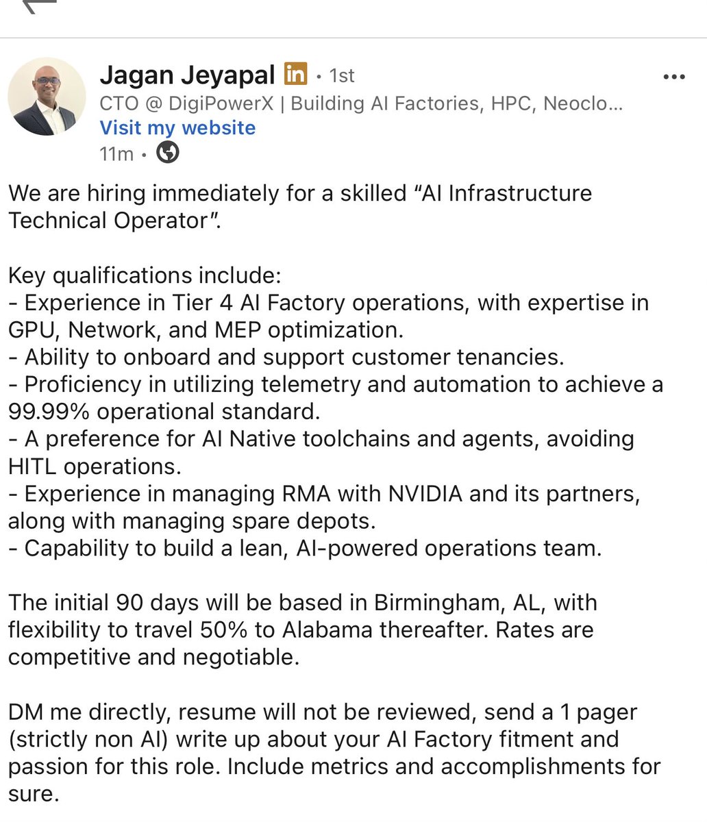Hot of the press from Jags LinkedIn - $DGXX is looking for a Technical Operator. 

This fits with the timeline of rapid MW deployment over the next few quarters. 

The key with this job compared to others is they were builders and architects. <a href="/DigipowerX/">DigiPower X</a> is now moving to the