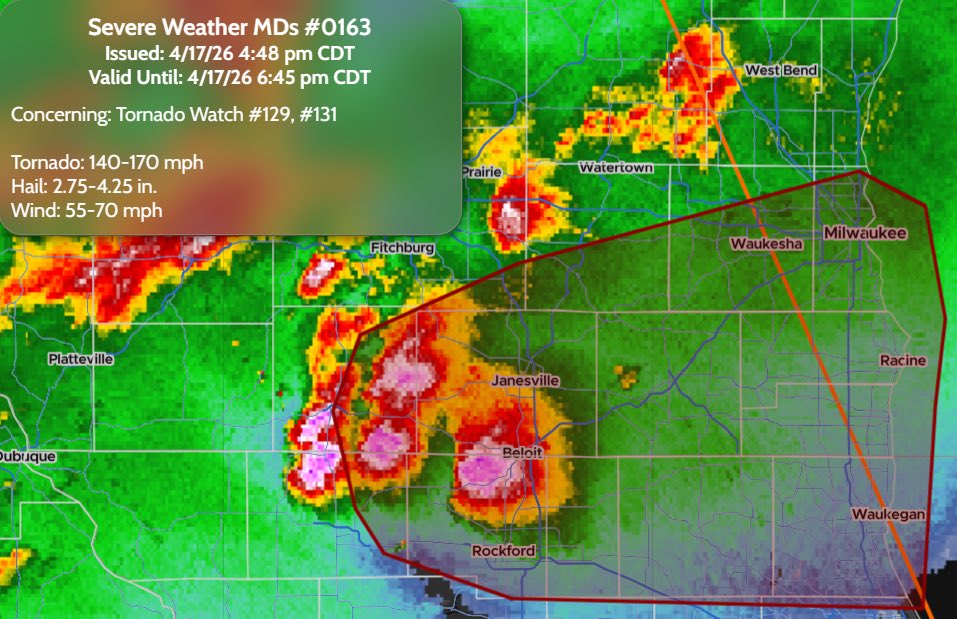 StormTrackingHQ's tweet image. Severe Weather MDs 0163 has been issued for parts of #Illinois and #Wisconsin 

Concerning: Tornado Watch #129, #131

#Tornado: 140-170 mph
#Hail: 2.75-4.25 in.
#Wind: 55-70 mph

Valid until 6:45 pm CDT Today

#wxtwitter #wxX #wx #severewx #severe #severeweather #ModerateRisk