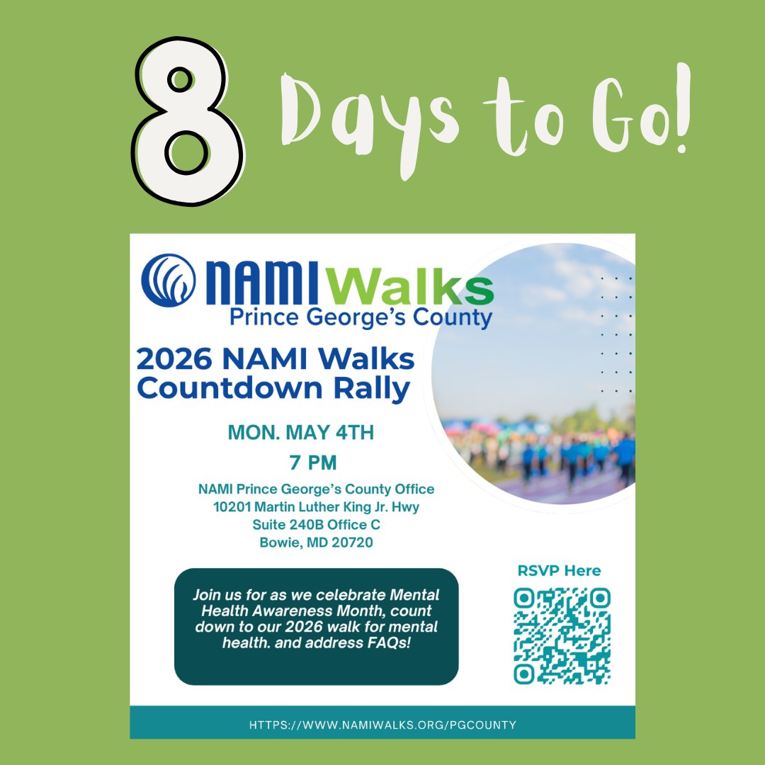 NAMI_PGC's tweet image. Sunday planning tip 🗓️ Add the Countdown Rally to your calendar now: Monday, May 4 at 7 PM. Scan the QR code in this post to RSVP. #NAMIWalks #NAMIPGC