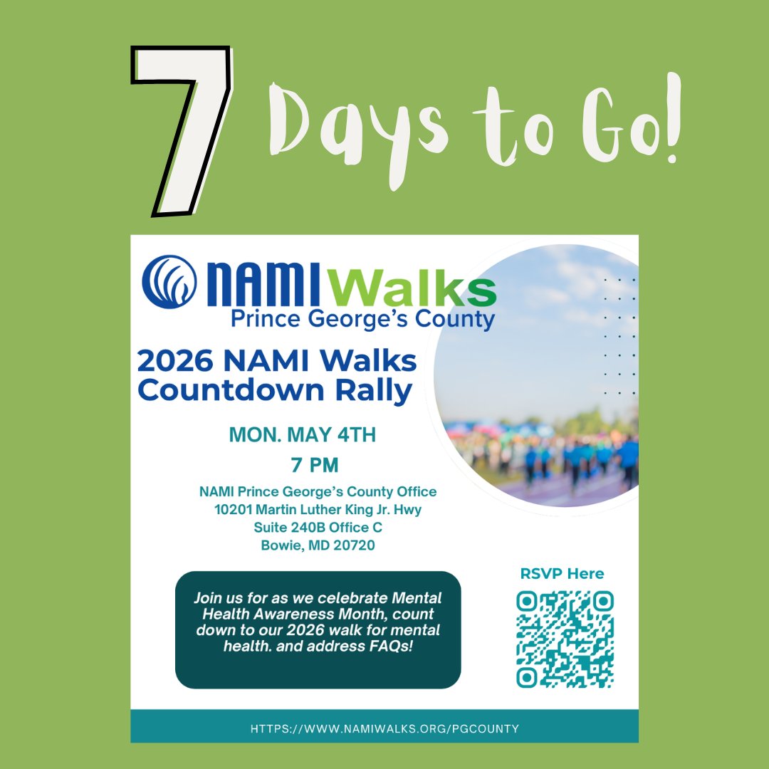 NAMI_PGC's tweet image. Rally first. Walk next. 🎯 Join us May 4 for the Countdown Rally, then walk with us May 16. Scan the QR code in this post to RSVP. #NAMIWalks #NAMIPGC