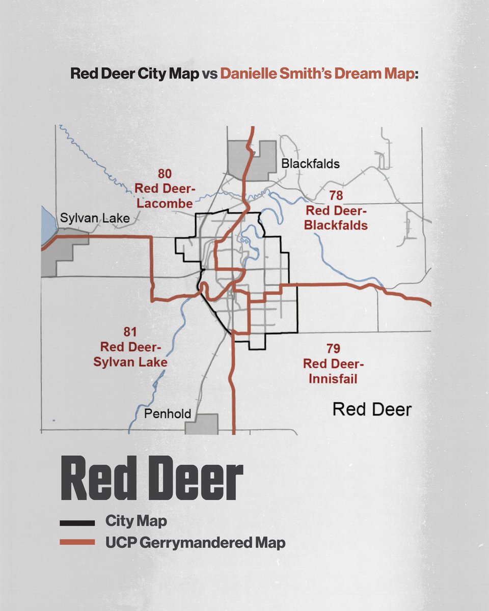 The two UCP-appointed commissioners refused to sign the official report and submitted their own map instead.

Their version slices Calgary, Lethbridge, Airdrie, and Red Deer into sprawling shapes that mix urban and rural areas.

These maps have one purpose: to dilute votes. /8