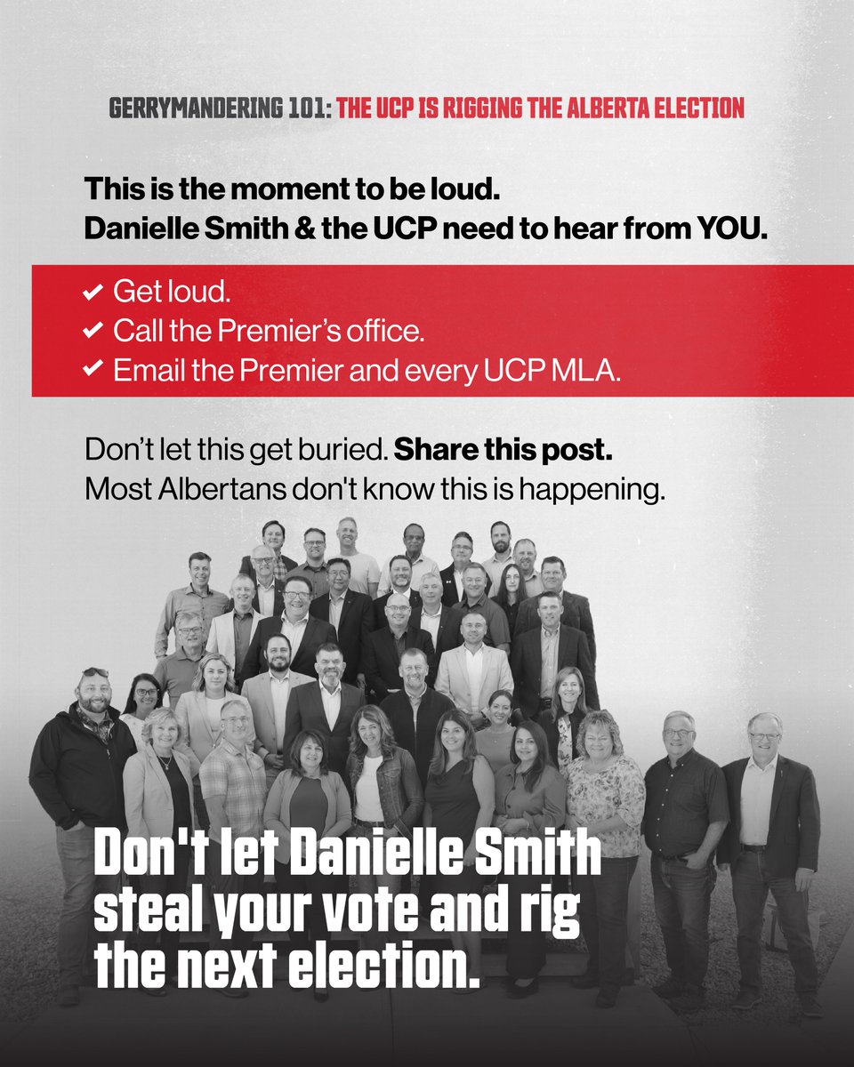 Now is the moment to GET LOUD:

Email the Premier. 
Call every UCP MLA. 
Share this thread.

Don't let Danielle Smith and the UCP steal your voice and rig the election.