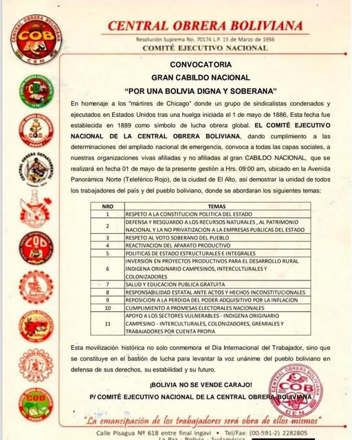 La Central Obrera Boliviana (COB) convoca al gran cabildo nacional “POR UNA BOLIVIA DIGNA Y SOBERANA” a realizarse el 1 de mayo de 2026 en la avenida panorámica de la ciudad de El Alto: Por la defensa de los recursos naturales, por el respeto a la CPE, por la educación y salud