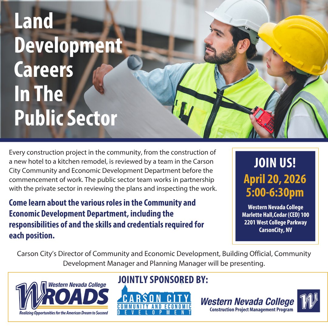 carsoncitylib's tweet image. Curious about careers in land development &amp;amp; the public sector? 🏗️

Join this community event to hear from local professionals and learn how projects come to life.

📅 April 20, 2026
⏰ 5–6:30 PM
📍 WNC Marlette Hall (CED 100)

#CarsonCity #CareerExploration
