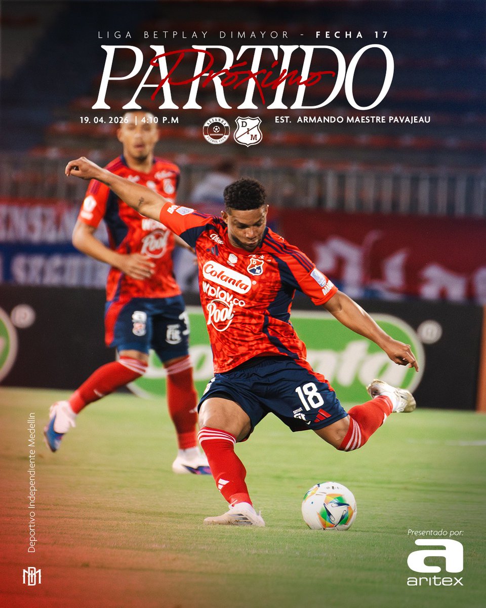 DIM_Oficial's tweet photo. [🔜🔴🔵] Próximo partido:
🆚 Alianza FC
🏆 Fecha 17 - Liga Betplay Dimayor 2026-1
📆 Domingo, 19 de abril
⌚ 4:10 p.m.
🏟️ Armando Maestre Pavajeau

Aritex Colombia

#VamosPoderoso ❤️💙 https://t.co/KQsq2cvRMZ