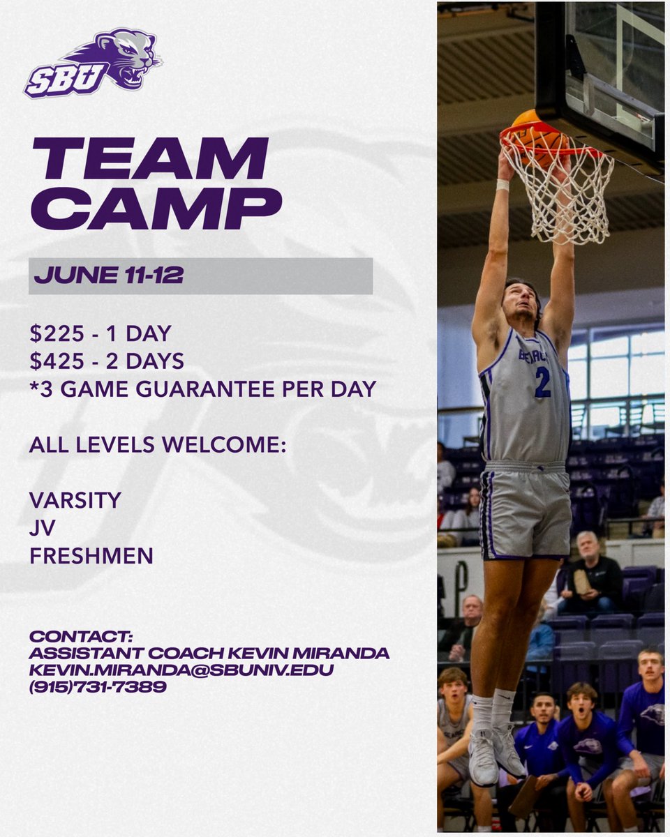 Calling all high schools! 🚨 

Team Camp will be on June 11-12th

We will have the option for 1 Day ($225) or 2 Days ($425) with a guarantee of 3 games each per day.

All levels welcome V, JV &amp; F

To register please email (kevin.miranda@sbuniv.edu) or text (915-731-7389)