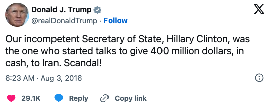Geoff_Mackler's tweet photo. Our incompetent President, @realDonaldTrump , was the one who started talks (and a war) to give $20 billion dollars to Iran. Scandal! https://t.co/DLUJf0haeN