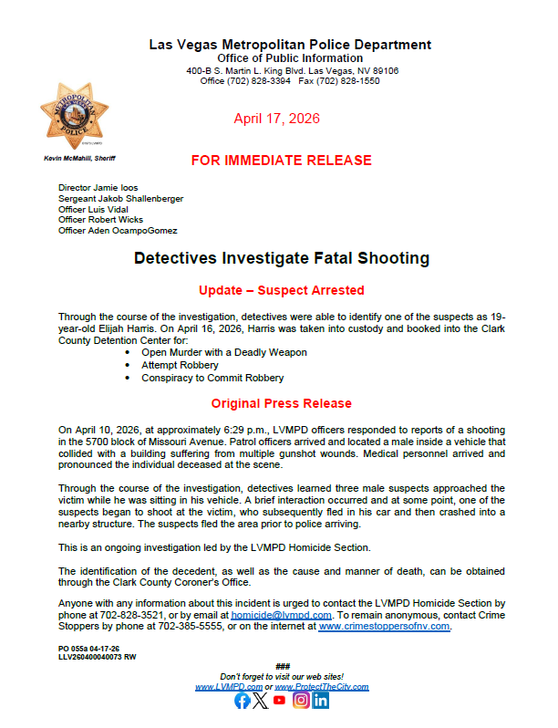 LVMPD's tweet photo. Please read below for additional details regarding the arrest of 19-year-old Elijah Harris in connection to a homicide that occurred April 10, 2026, near Boulder Highway &amp; Stephanie St. https://t.co/vCt35vB6NQ