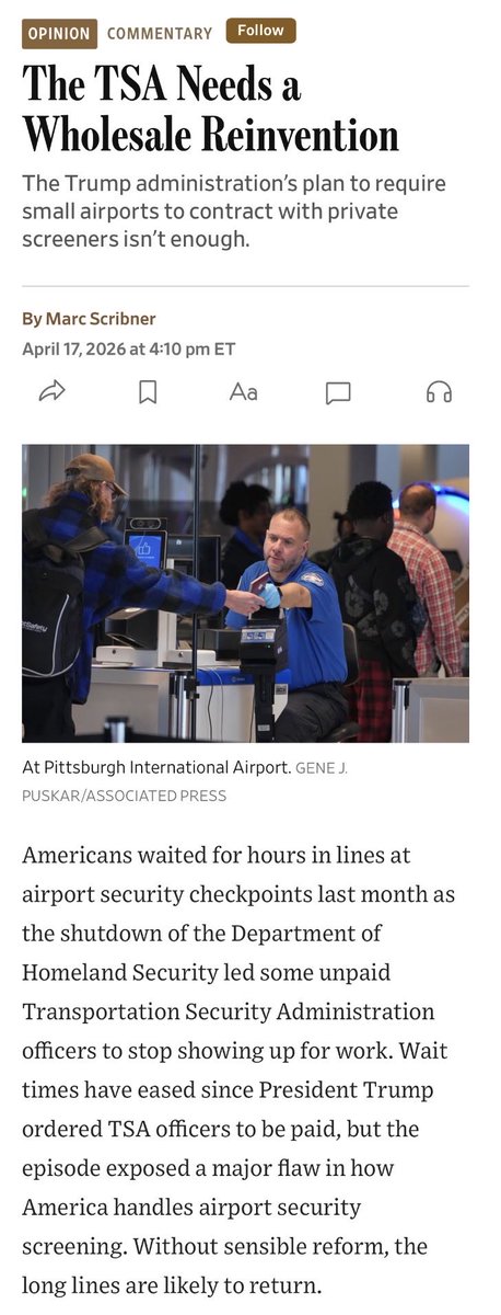 Thanks to <a href="/WSJopinion/">Wall Street Journal Opinion</a> for running my op-ed making the case for separating TSA’a regulatory role from airport security screening and eliminating this glaring conflict of interest. wsj.com/opinion/the-ts…