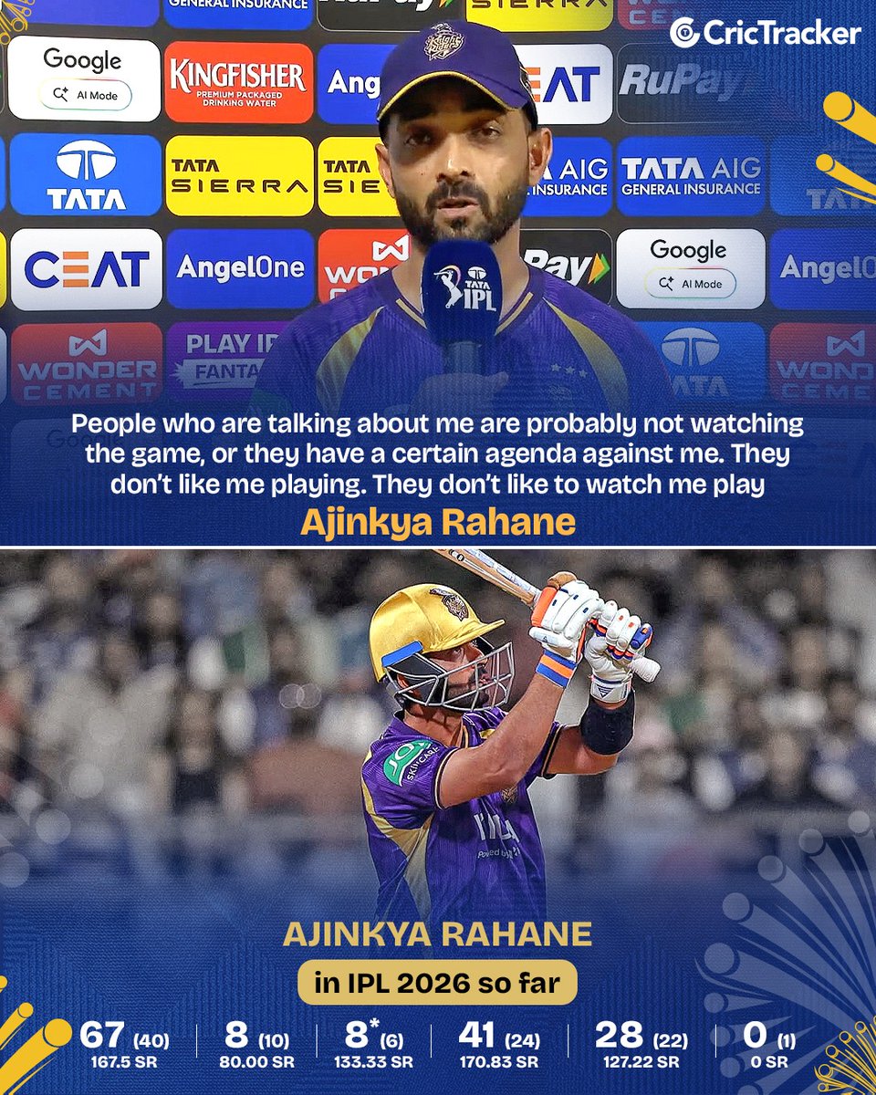 StarcKKR's tweet photo. Ajinkya Rahane acted cocky in front of reporters and blamed teammates like Cameron Green and Varun instead of taking responsibility.

But today, the IPL humbled him he is officially the worst captain in the league. https://t.co/fN2pVTTvT0