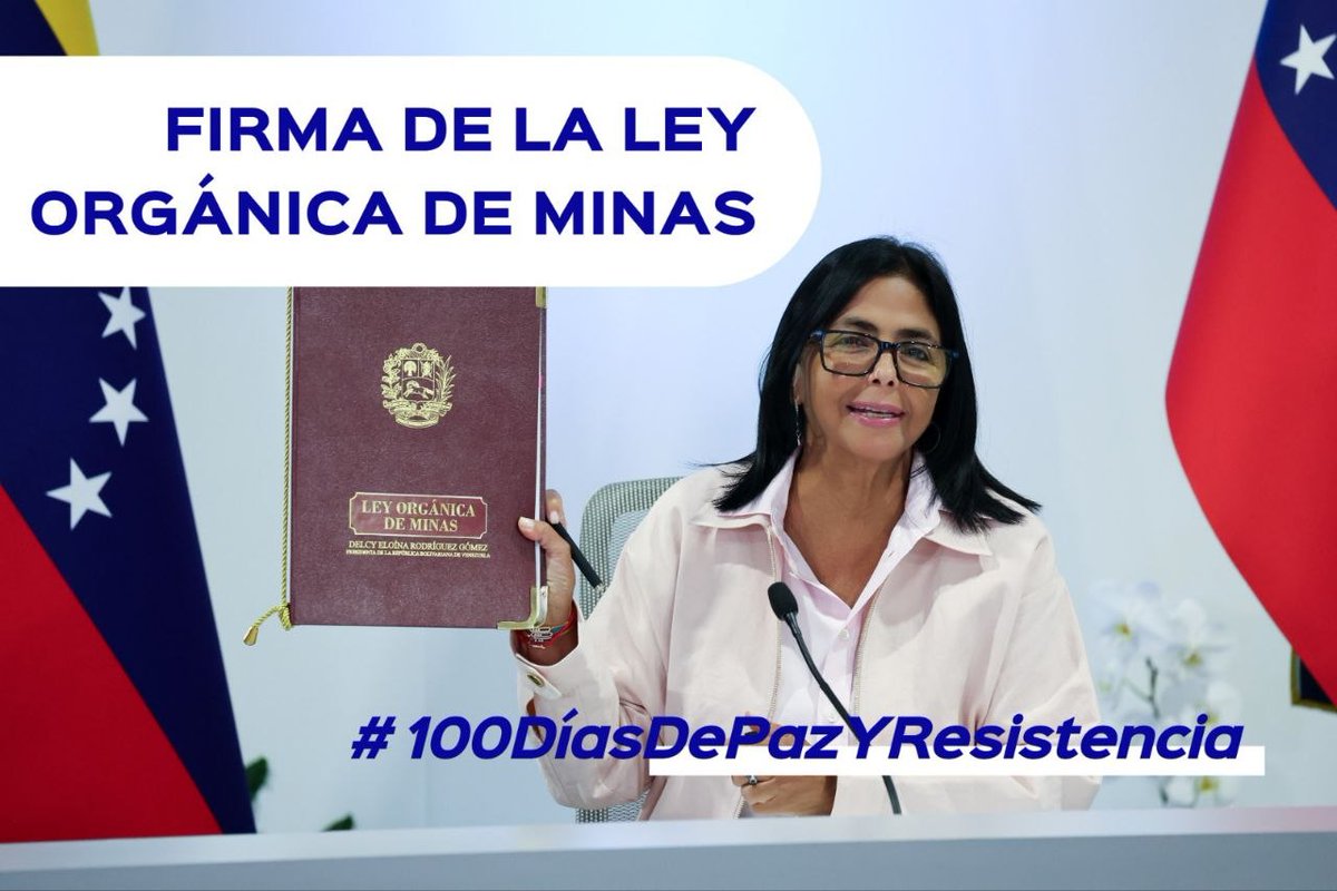 Delcy Rodríguez Presidenta (E), firmó la Ley Orgánica de Minas para su promulgación.

Esta Ley fortalece la rectoría del Estado sobre los recursos mineros; y  garantiza que la explotación se realice bajo los más altos estándares de protección ambiental.

#100DíasDePazYResistencia