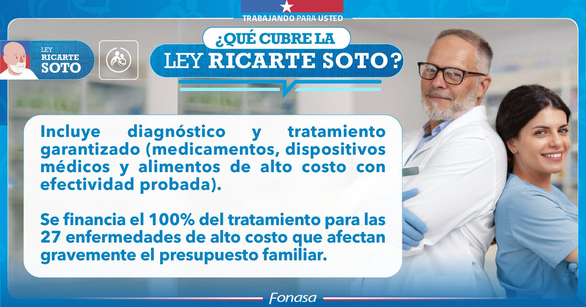 Fonasa's tweet photo. 💙 ¿Sabías que la #LeyRicarteSoto te protege frente a tratamientos de alto costo?
✅ Cubre terapias para enfermedades poco frecuentes, oncológicas y otras que requieren medicamentos o dispositivos especiales.
📌 Financia el 100% del tratamiento para 27 patologías que impactan el presupuesto familiar.
👉 Más detalles en https://t.co/ydxW8a7gfC