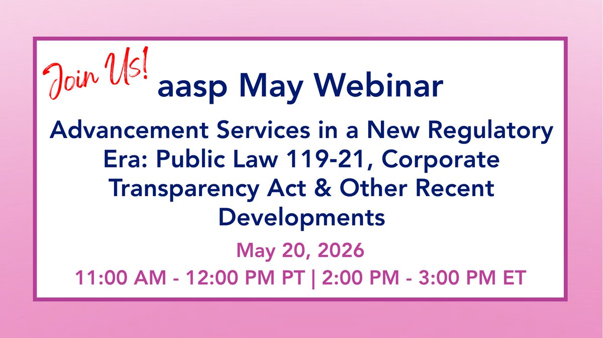 advserv's tweet photo. Join aasp on May 20 for a webinar breaking down what recent legislative and economic changes mean for your day-to-day work—from gift processing and receipting to data governance, reporting, and vendor oversight.  Learn more and register at https://t.co/9UKEbUzv5I https://t.co/uvTqNEMOVG