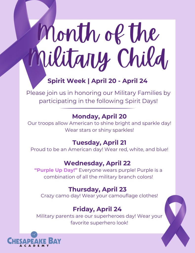 cbava's tweet photo. In honor of April being the “Month of the Military Child”, join us in a special CBA Spirit Week! Thank you to all of our military families as we acknowledge the unique challenges they face, and the sacrifices they make, in order to to serve our country! https://t.co/8xVb2P8Win