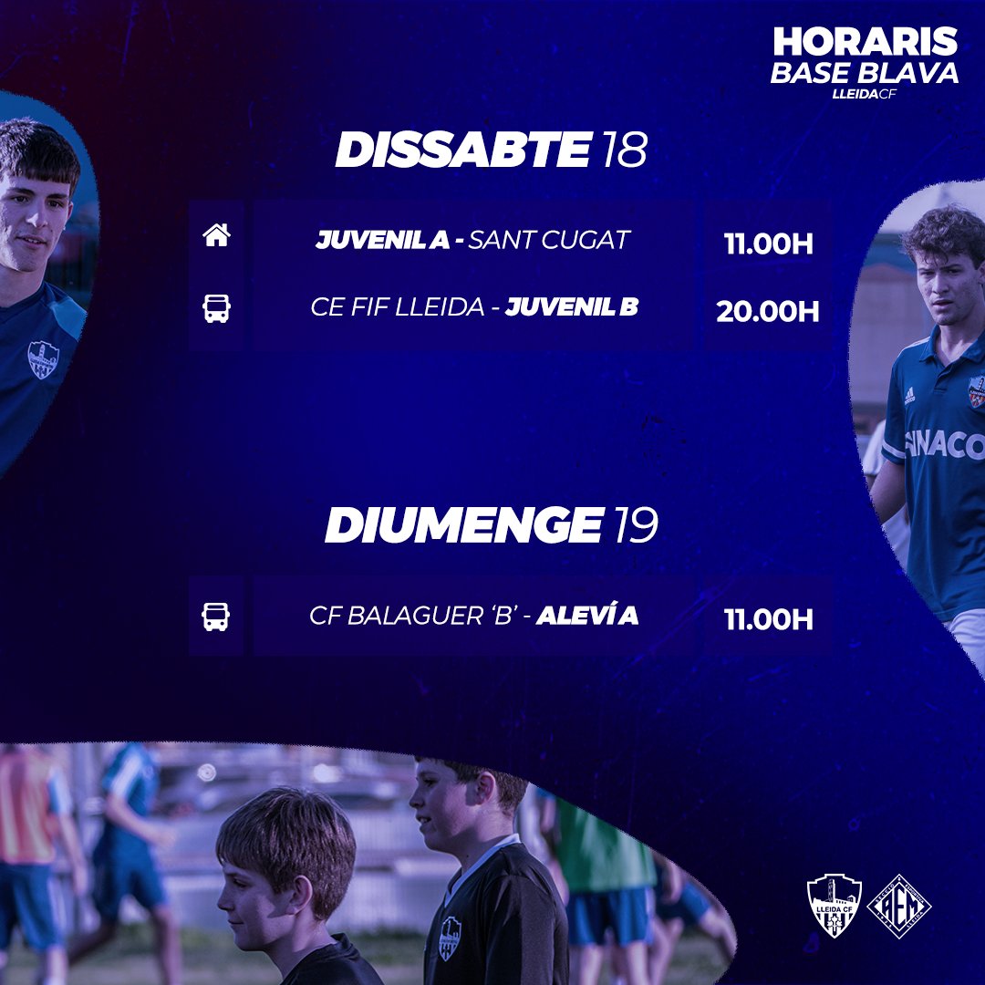 LleidaCF's tweet photo. Aquests són els horaris d’aquest cap de setmana de la Base Blava! 💙💪🏻
#BaseBlava #MésViusQueMai #LleidaCF https://t.co/gB9R0v7PbM