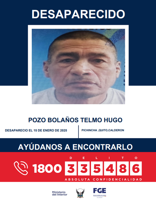 EcuadorTV's tweet photo. #DesaparecidosEcuador | Ayúdanos a encontrar a Pozo Bolaños Telmo Hugo, quien desapareció el 15 de enero de 2025, en Pichincha, Quito, Calderón. Si tienes información puedes comunicarte en 1800 DELITO (33 54 86). Habrá confidencialidad. https://t.co/Ah4M6mYTX0