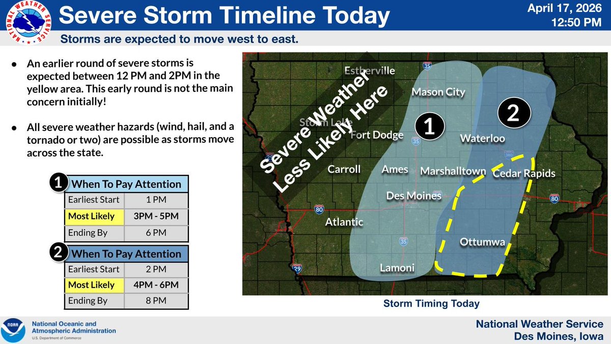 [12:55 PM 4/17/26] Here is today's storm timeline. An initial round of storms is expected across southern Iowa and is not the main concern early on. Severe storms along a cold front moving through the state will pose the greatest severe threat. #IAwx