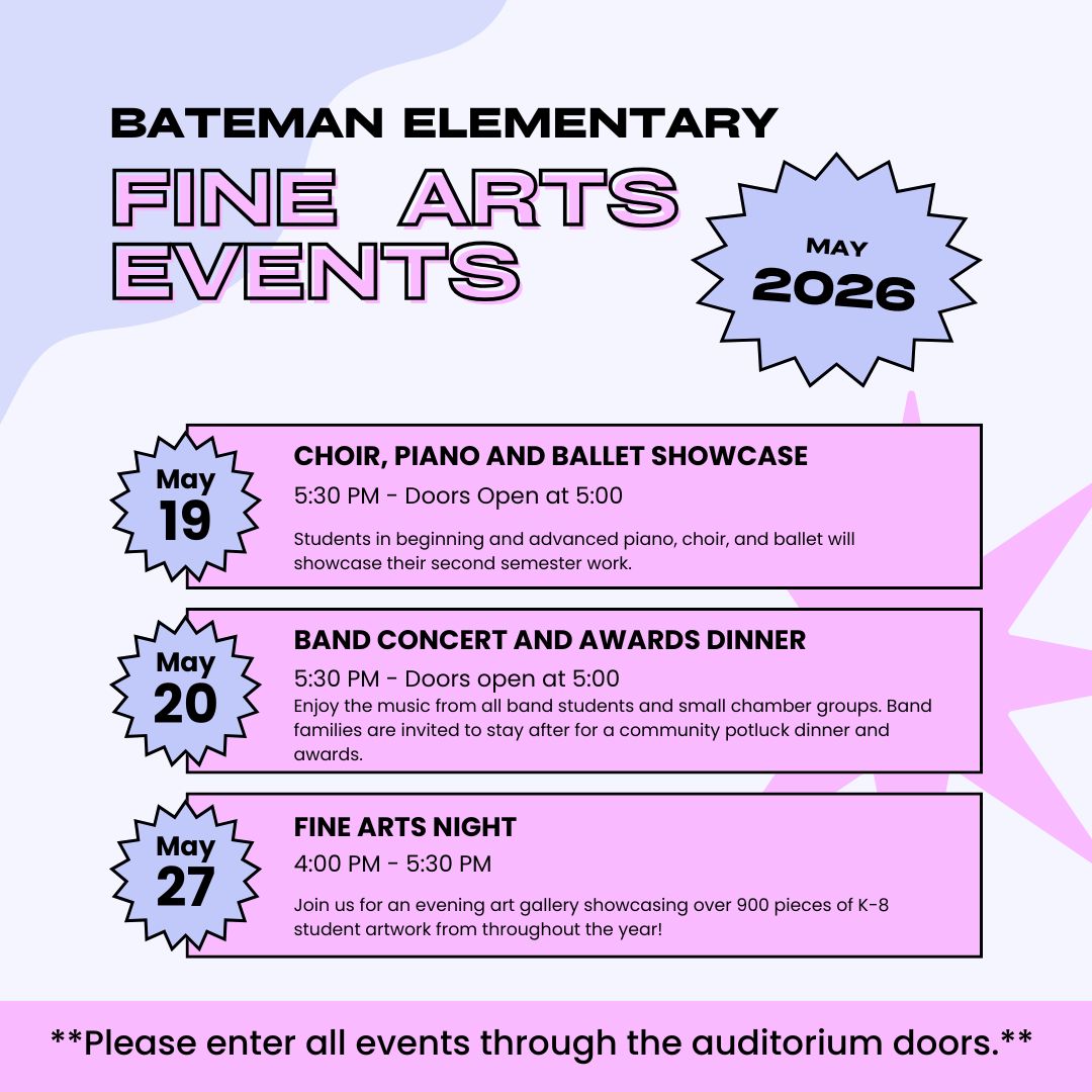 BatemanES's tweet photo. Save the Dates below for Fine Arts Events coming up! We hope to see you there to support the Arts at Bateman! https://t.co/ejcS2IAhDX