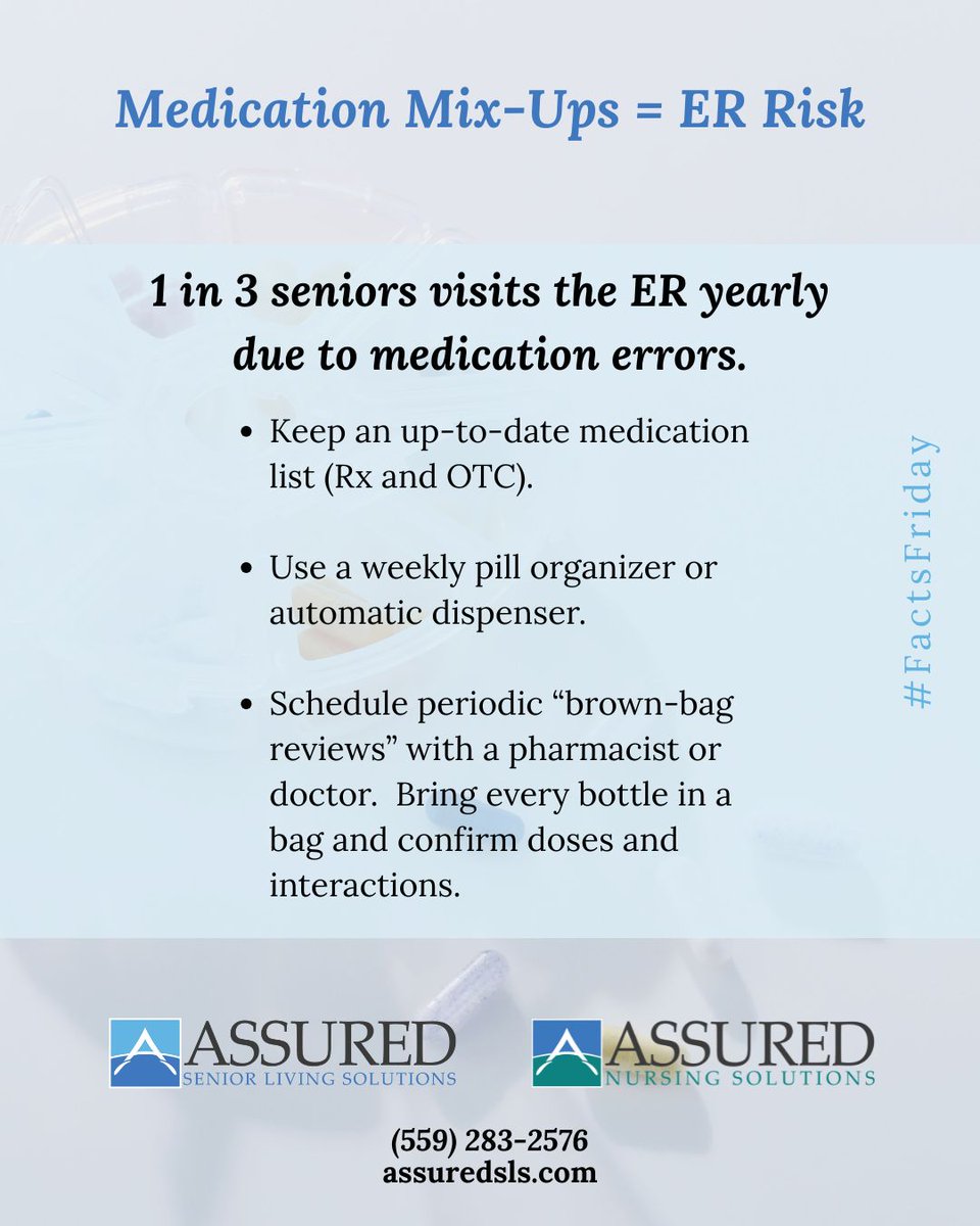 AssuredSls's tweet image. #FactsFriday – Medication mix-ups are a leading cause of senior ER visits. Nearly 1 in 3 older adults ends up in the ER each year due to errors, missed doses, or dangerous interactions.

Need help? Call us at (559) 283-2576 or visit assuredsls.com