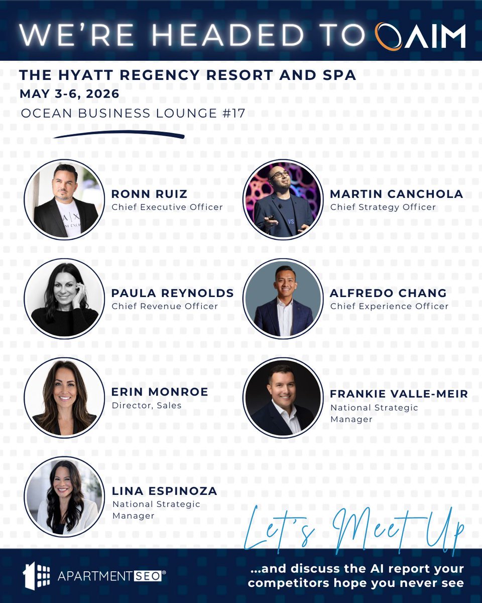 ApartmentSEO's tweet image. Join the ApartmentSEO team at the Hyatt Regency Resort &amp;amp; Spa, May 3–6, for the @AIM_Conference

Let’s connect in Ocean Business Lounge #17 and talk about what’s next in AI, search, and multifamily growth.

#AIM2026 #AIInsights #Multifamily #PropTech #MarketingStrategy