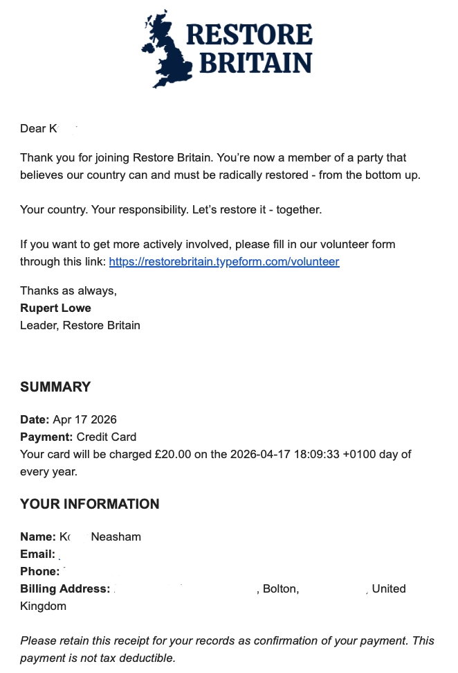 Ian Neasham (Bolton, Restore Britain) tweet media