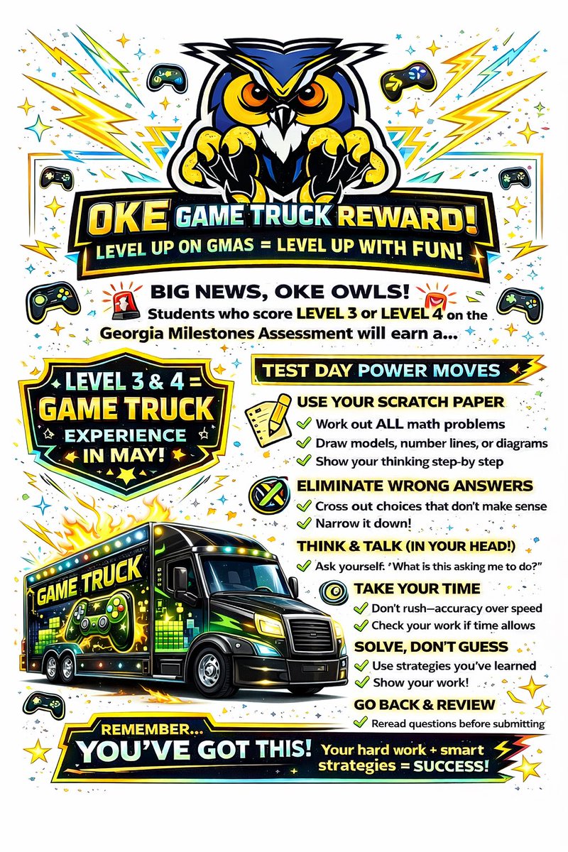 KMathisLeads's tweet photo. Mr. Johnson recognized students for MAP growth and challenged them to shine on GMAS! ๐ช๐
Score Level 3 or 4 OR show your work + strong test strategies = GAME TRUCK! ๐ฎ๐ฅ #GMASReady https://t.co/3pSpXWwwAm