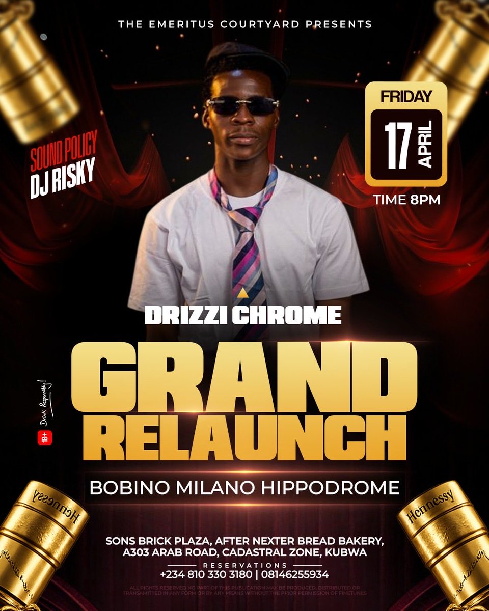chrome_bby's tweet photo. I’ll be performing live tonight at the grand opening of Bobino Milano Hippodrome. If you’re in Abuja, come through and catch me live!

#DrizziChrome #AlexandaMcQueenRecords #IncrediblePromotions https://t.co/7vX2sUqS4j